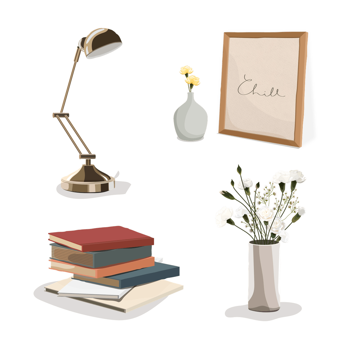 tous les outils pour travailler son français : une lampe, des livres et des fleurs