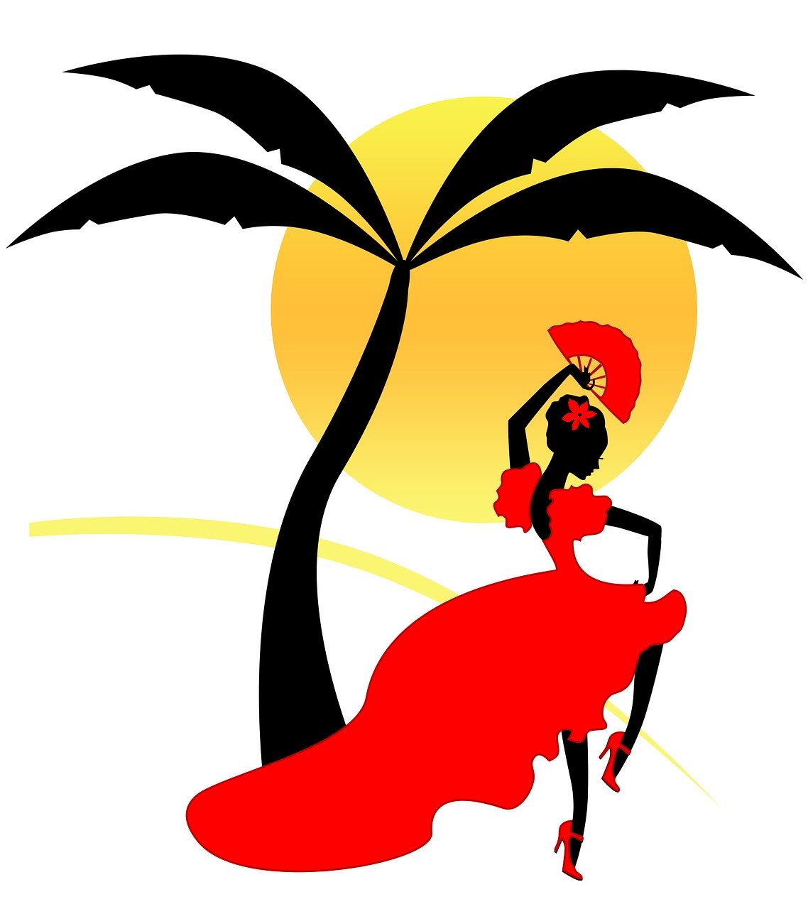 un dessin représentant une danseuse espagnole de flamenco sous le soleil à l'ombre d'un palmier